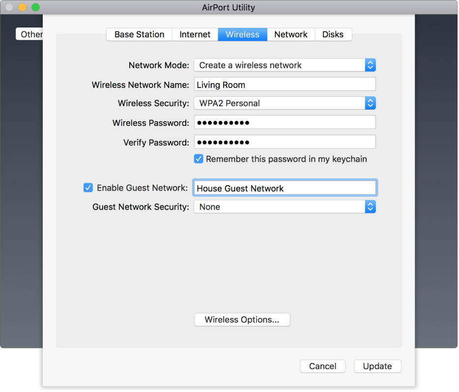 The Wireless pane, showing the Enable Guest Network checkbox.