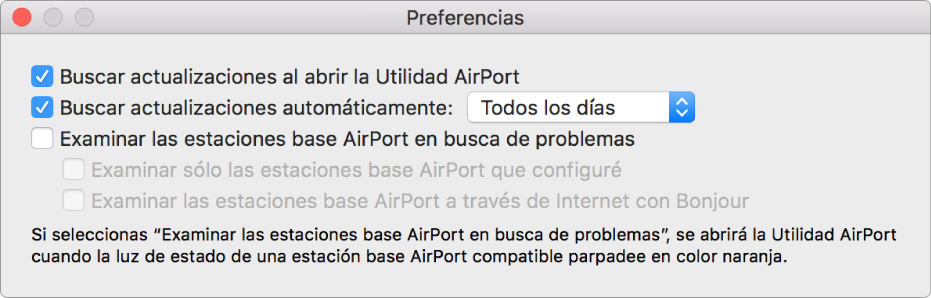 Preferencias de Utilidad de AirPort mostrando las casillas “Buscar actualizaciones al abrir la Utilidad AirPort” y “Buscar actualizaciones automáticamente”.