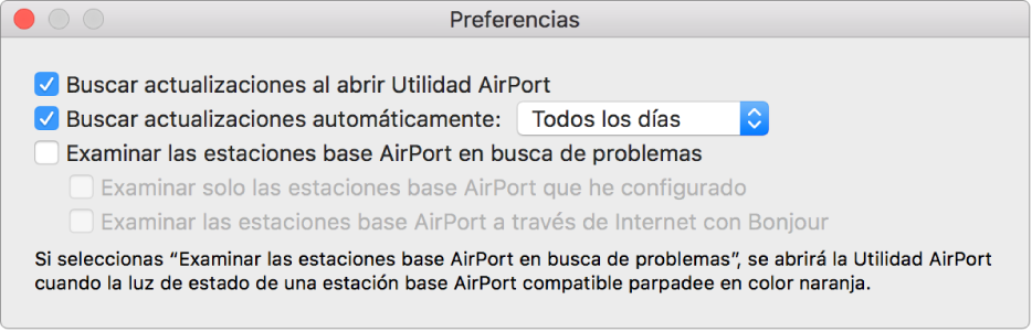 Preferencias de Utilidad AirPort, con las opciones “Buscar actualizaciones al abrir Utilidad AirPort” y “Buscar actualizaciones automáticamente”.