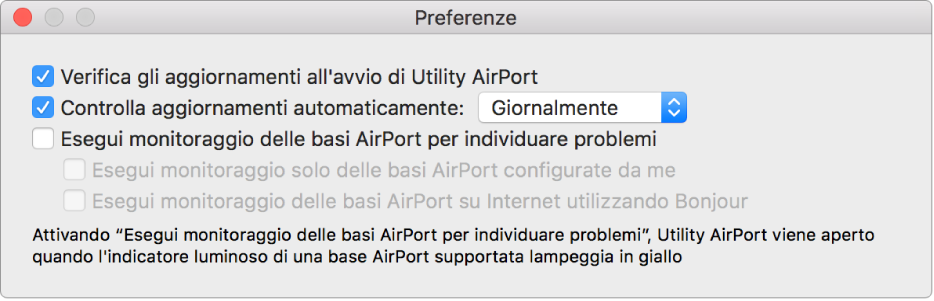 Le preferenze di AirPort Utility, con le opzioni “Verifica gli aggiornamenti all'avvio di Utility AirPort” e “Controlla aggiornamenti automaticamente”.