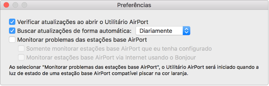 Preferências do Utilitário AirPort, mostrando as caixas de diálogo Verificar atualizações ao abrir o Utilitário AirPort e Verificar atualizações automaticamente.
