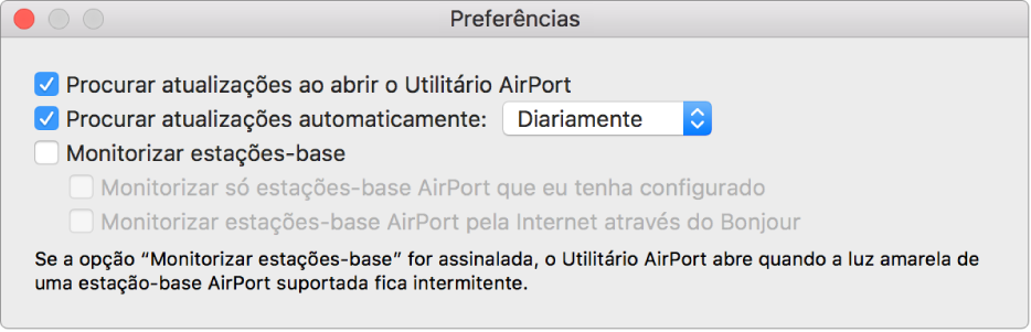 As preferências do Utilitário AirPort, com as opções assinaláveis “Procurar atualizações ao abrir o Utilitário AirPort” e “Procurar atualizações automaticamente”.