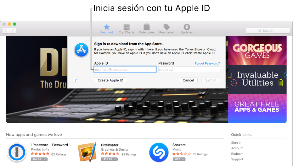 La ventana de inicio de sesión de Apple ID en App Store.