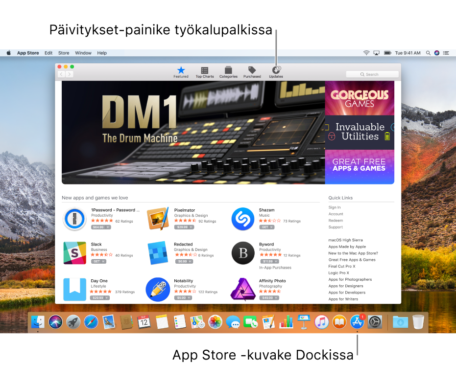 App Store -ikkunan merkit ja Dockin App Store -kuvake näyttävät, että päivityksiä on saatavilla.