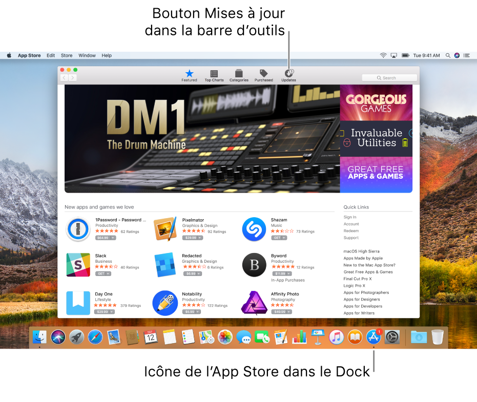 Les pastilles dans la fenêtre de l’App Store et sur l’icône de l’App Store dans le Dock indiquent que des mises à jour sont disponibles.