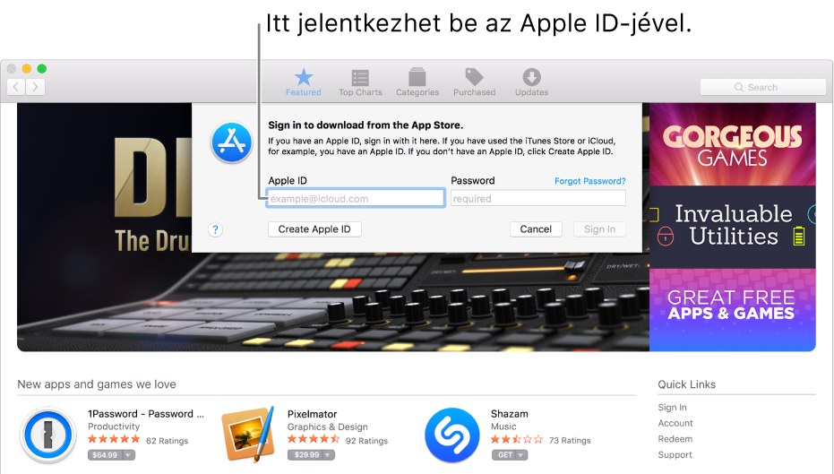 Az Apple ID bejelentkezési ablaka az App Store-ban.