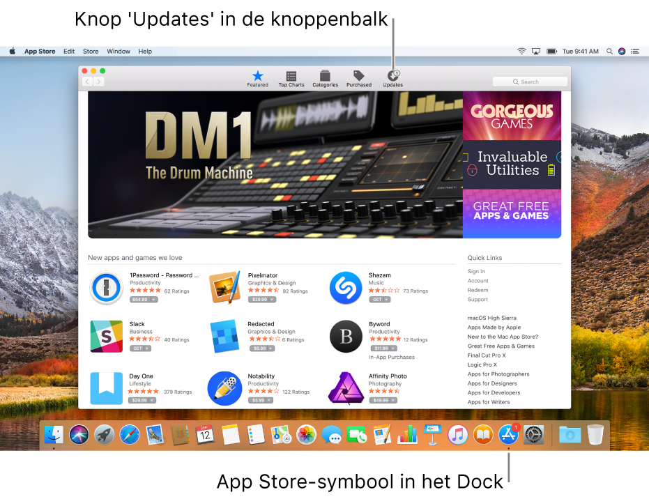 Badges in het App Store-venster en op het App Store-symbool in het Dock tonen het aantal beschikbare updates.