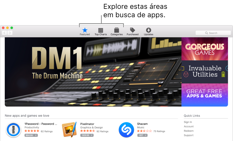 As áreas Destaques, Top Charts e categorias na App Store.