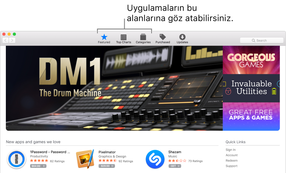 App Store’daki Seçmeler, En İyiler ve kategoriler alanları.