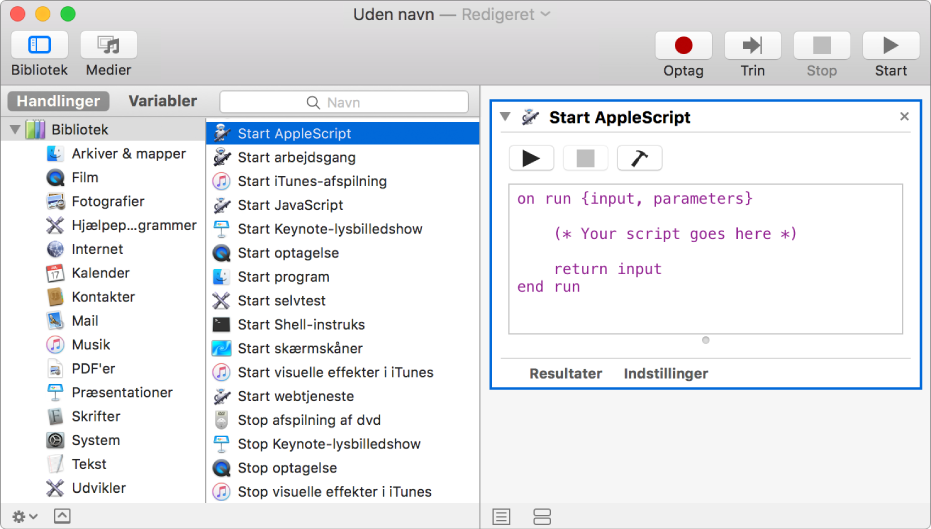 Automator-vinduet med handlingen Start AppleScript.