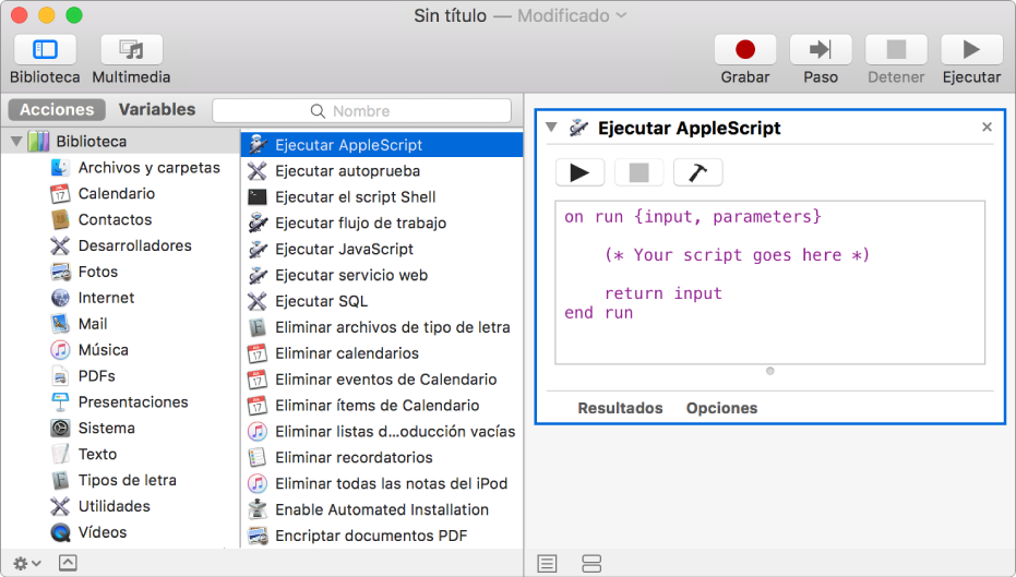 La ventana de Automator con una acción “Ejecutar AppleScript”.