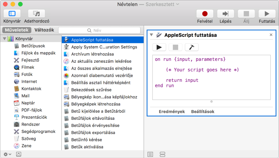 Az Automator ablaka az AppleScript futtatása művelettel.