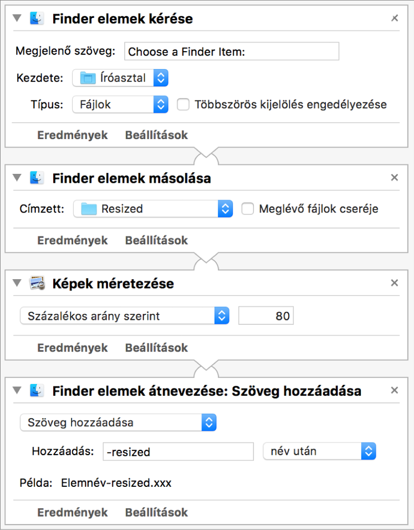 Automator-munkafolyamat négy művelettel.