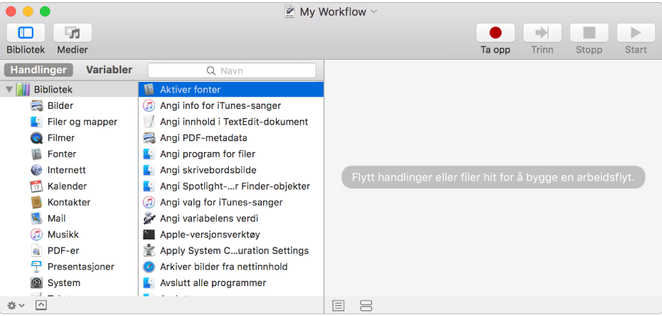 Automator-vinduet viser en markert Aktiver fonter-handling og en tom arbeidsflyt.