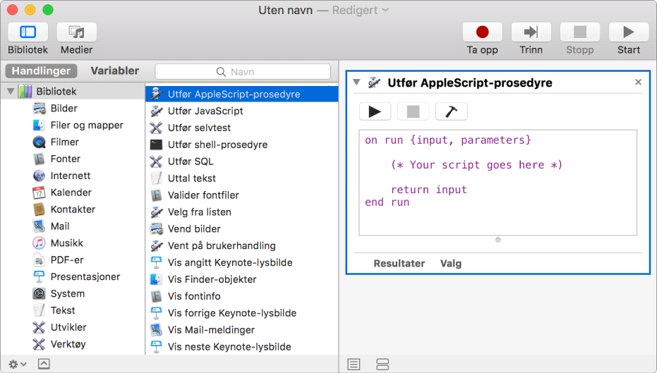 Automator-vinduet med en Utfør AppleScript-handling.