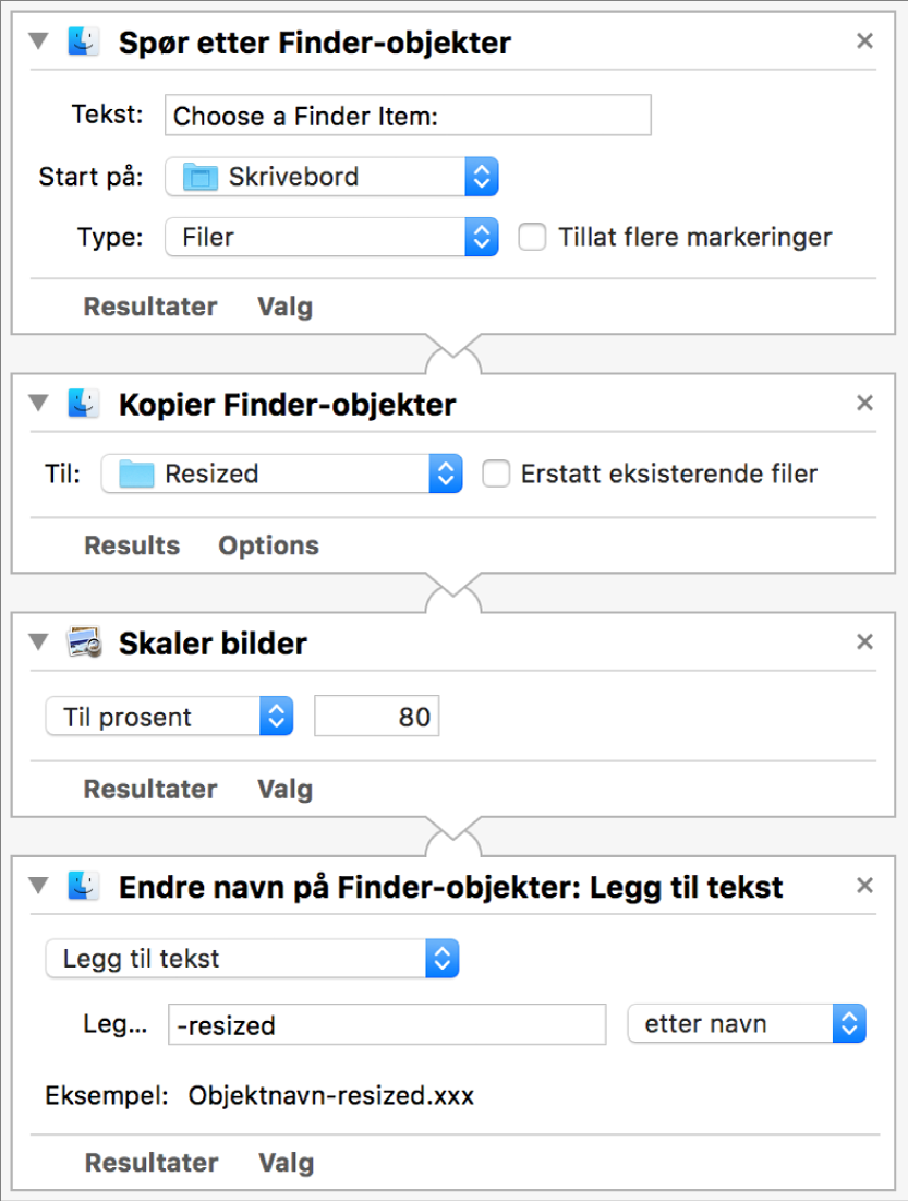 En Automator-arbeidsflyt med fire handlinger.