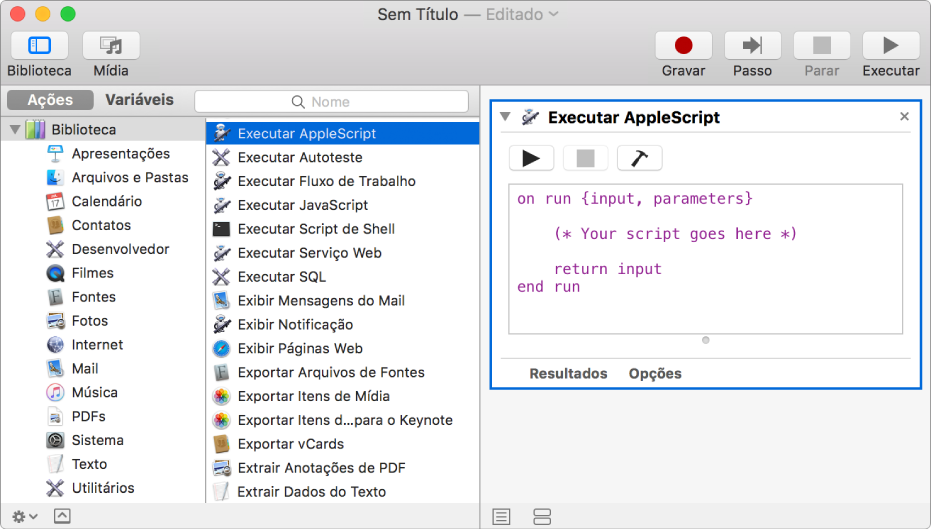 Janela do Automator com uma ação Executar AppleScript.