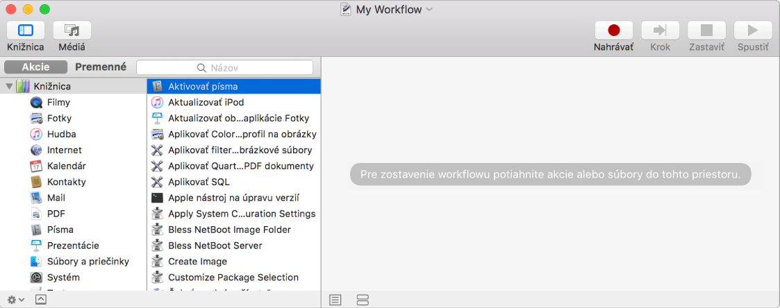 Okno aplikácie Automator zobrazujúce označenú akciu Aktivovať písma a prázdny workflow.
