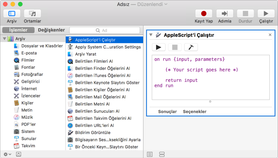 AppleScript’i Çalıştır ile Automator penceresi.