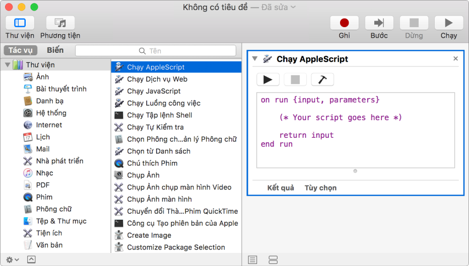 Cửa sổ Automator với tác vụ Chạy AppleScript.