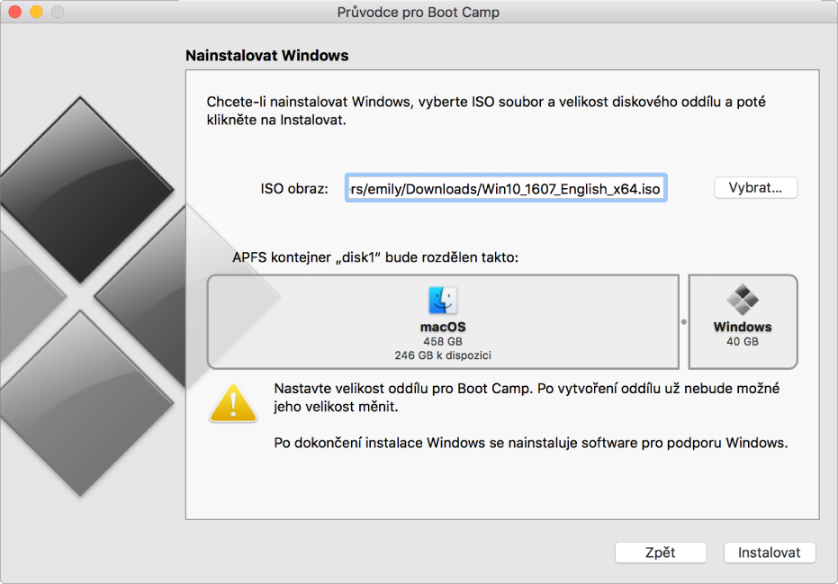 Okno instalace v Průvodci pro Boot Camp