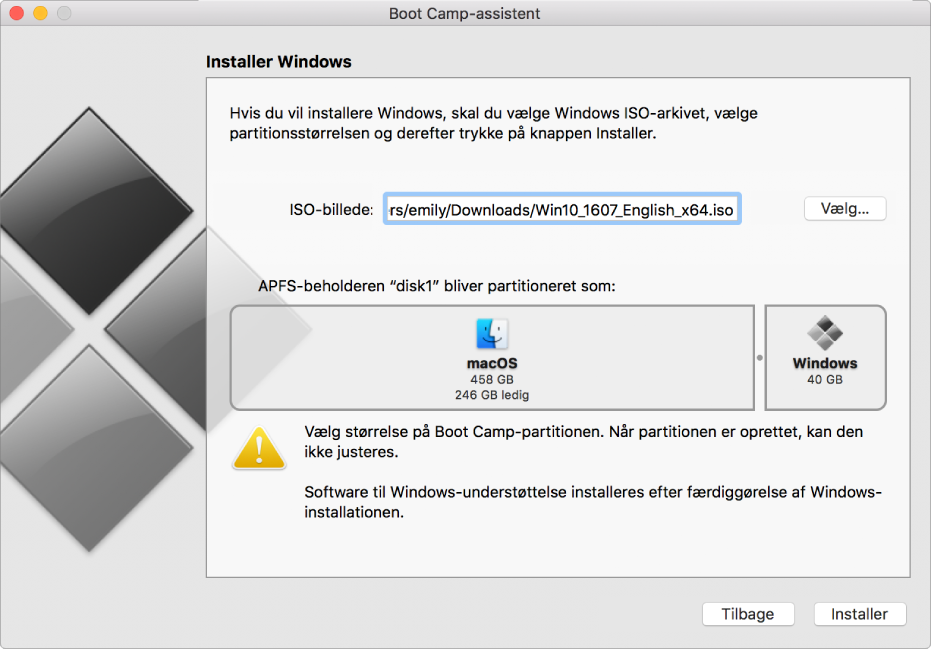 Installeringsvinduet i Boot Camp-assistant.