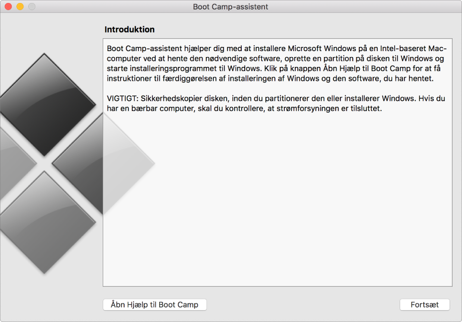 Introduktionsvinduet i Boot Camp viser en knap, som du kan klikke på for at få hjæp og en anden, som du kan klikke på for at fortsætte med installeringen.