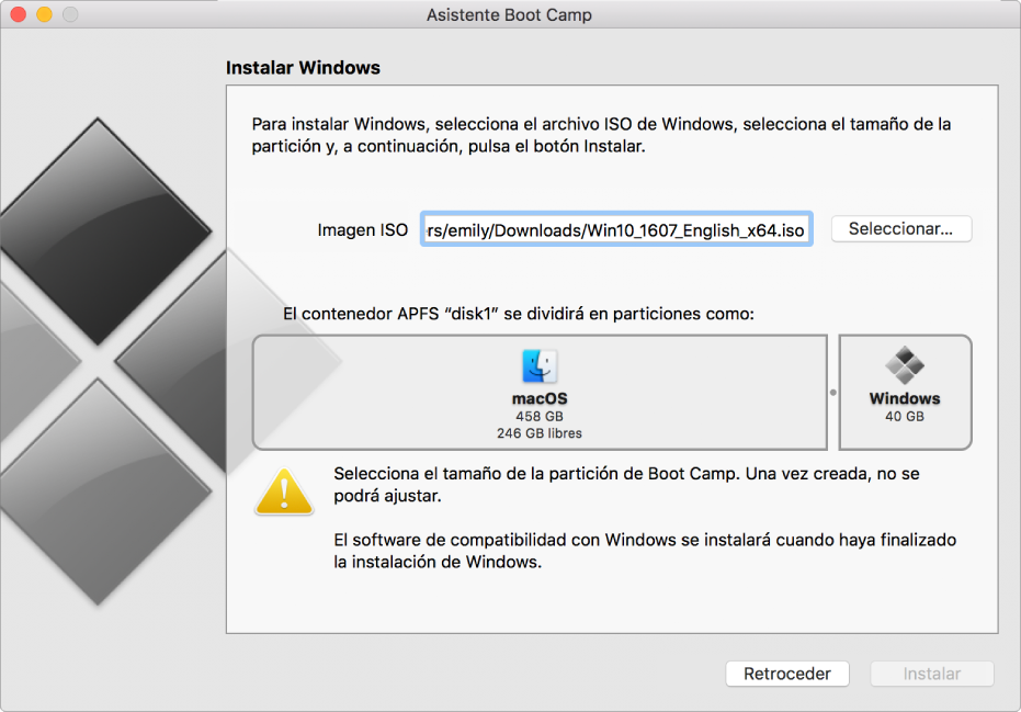 Ventana de instalación de Asistente Boot Camp.