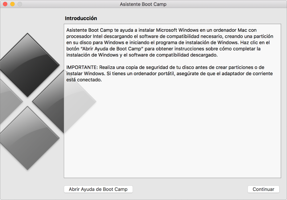 Panel de introducción de Boot Camp, con un botón de ayuda y otro botón para continuar con la instalación.