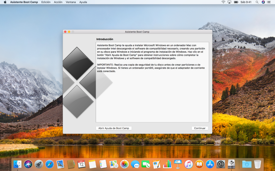 App Boot Camp abierta y lista para instalar Windows.