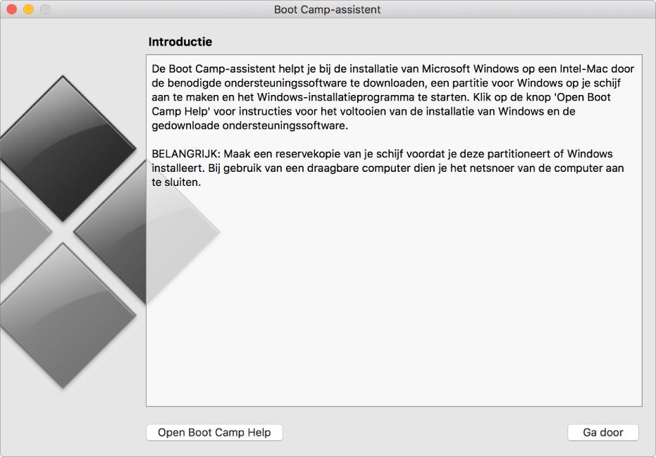 Het introductiepaneel van Boot Camp, met daarin een knop voor helpinformatie en een knop om door te gaan met de installatie.