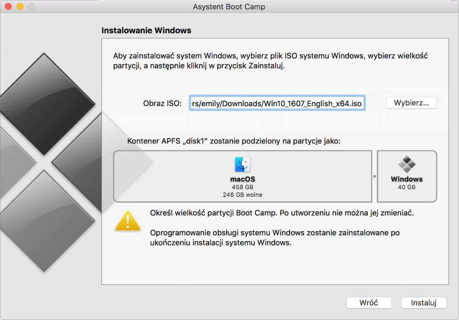 Okno Asystenta Boot Camp podczas instalowania.