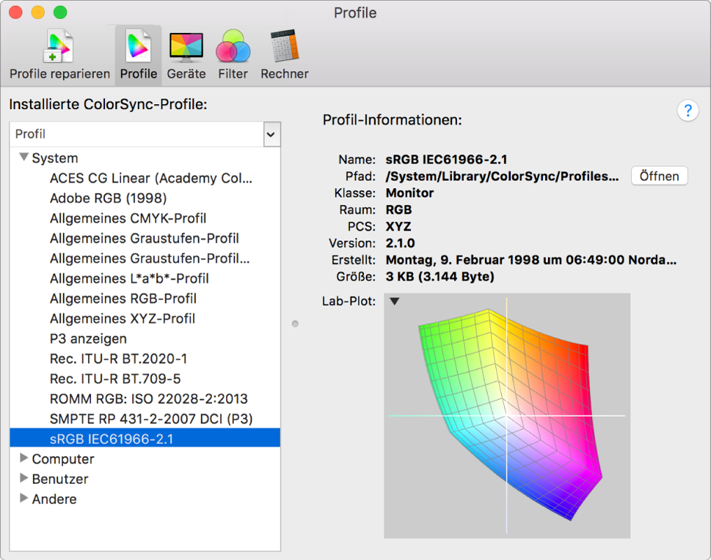 Der Bereich „Profile“ im ColorSync-Dienstprogramm.