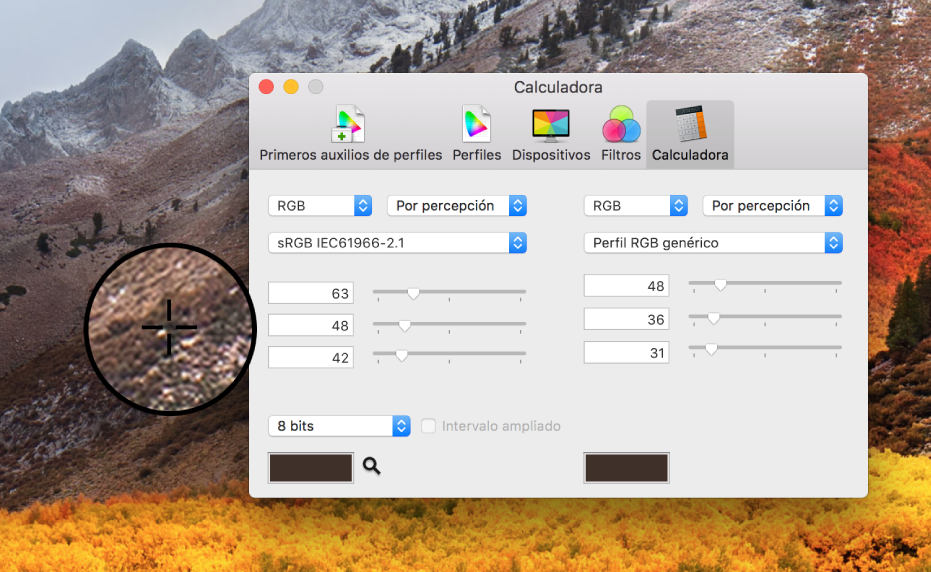 El panel de Calculadora mostrando los valores de color de un pixel en dos perfiles de color diferentes.