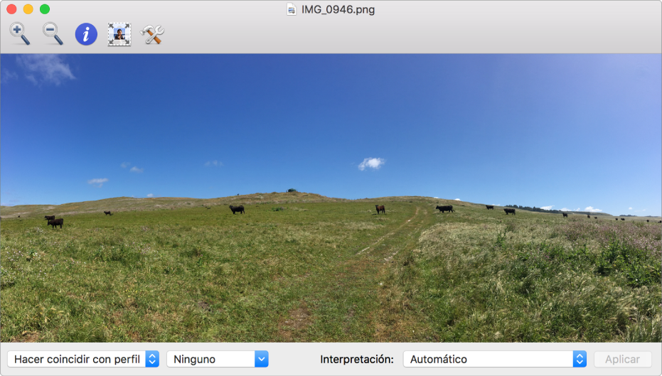 Una imagen de vacas en un campo en la ventana de Utilidad ColorSync.