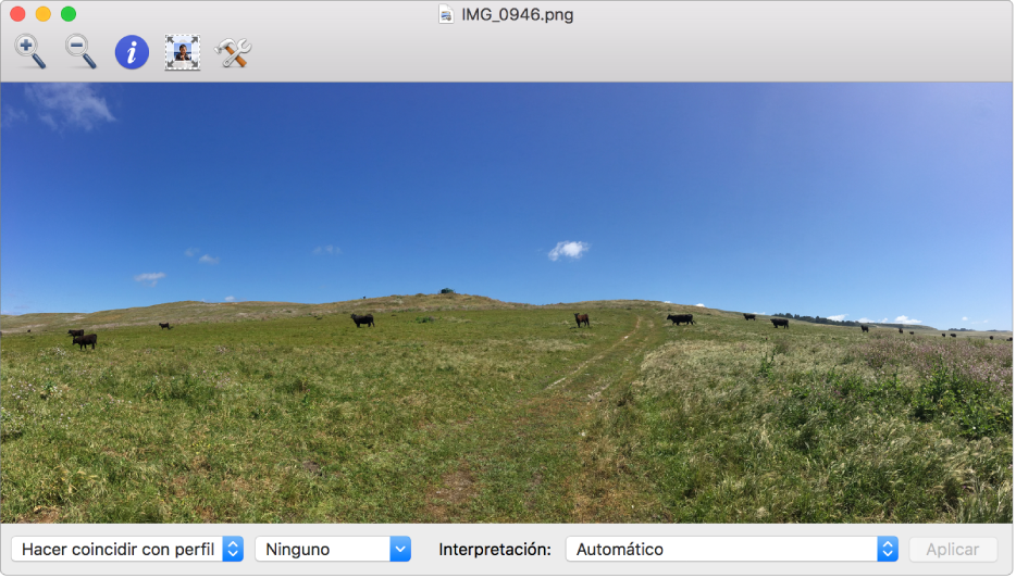 Una imagen de vacas en un prado en la ventana de Utilidad ColorSync.