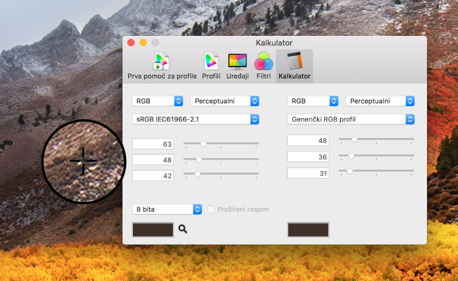 Prozor Kalkulator prikazuje vrijednosti boja za piksel na dva različita profila boja.