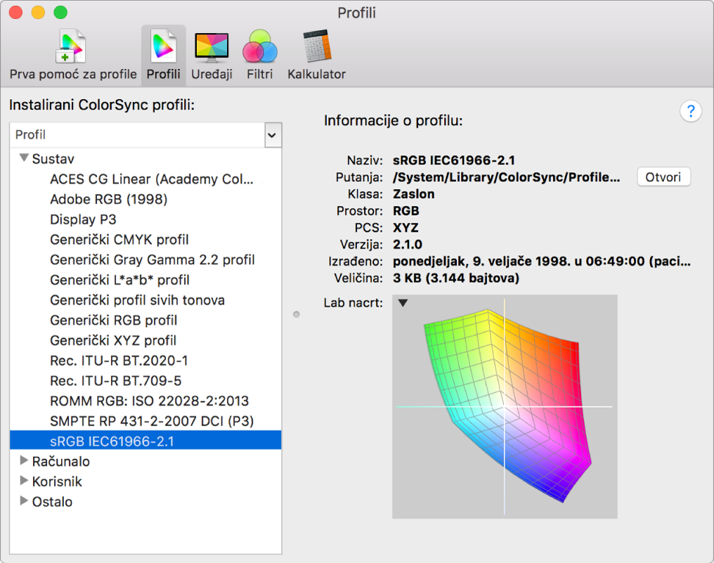 Prozor profila ColorSync uslužnog programa.