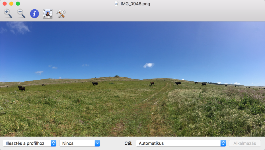 Mezőn teheneket ábrázoló kép a ColorSync segédprogram ablakában.