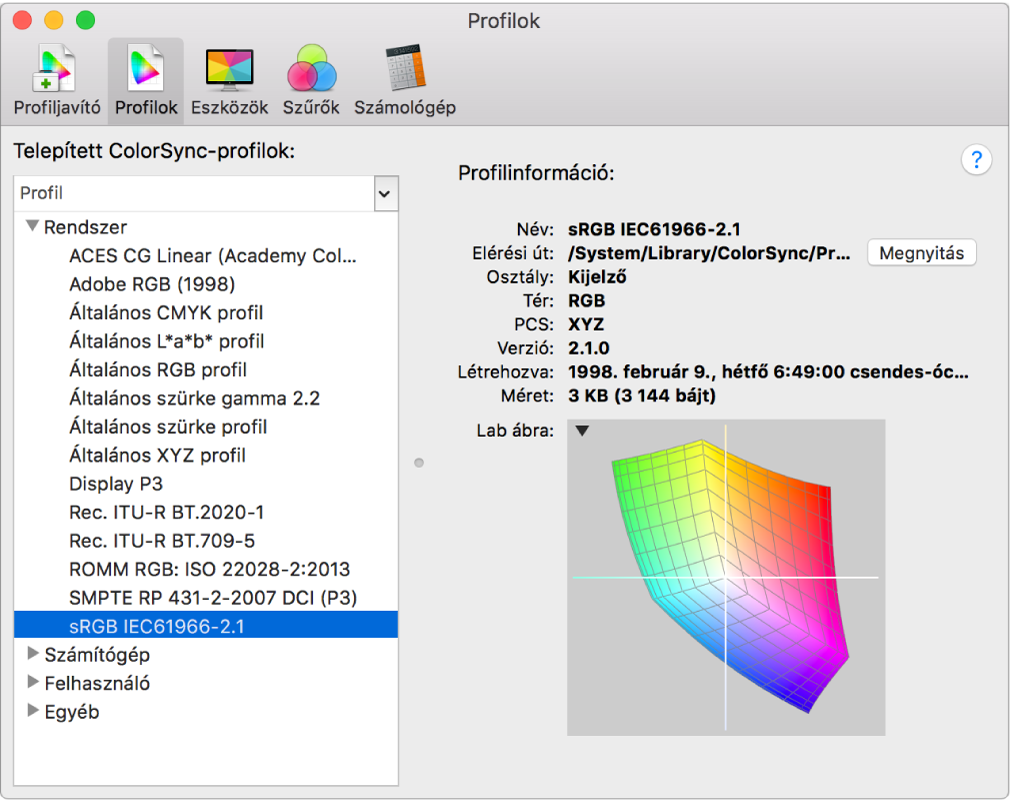 A ColorSync segédprogram Profilok panelje.
