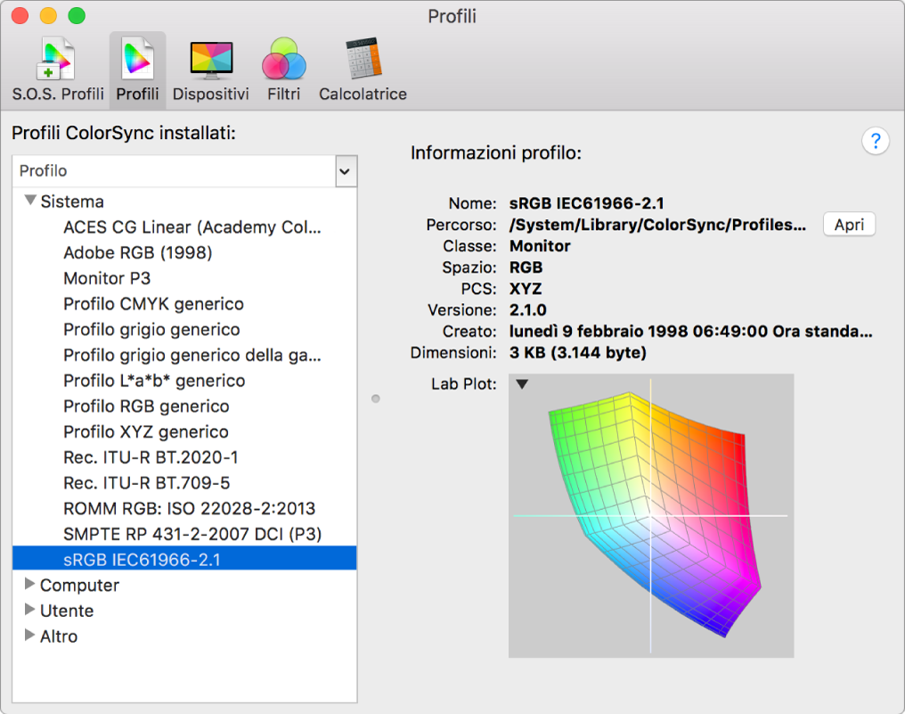 Il pannello Profili di Utility ColorSync.