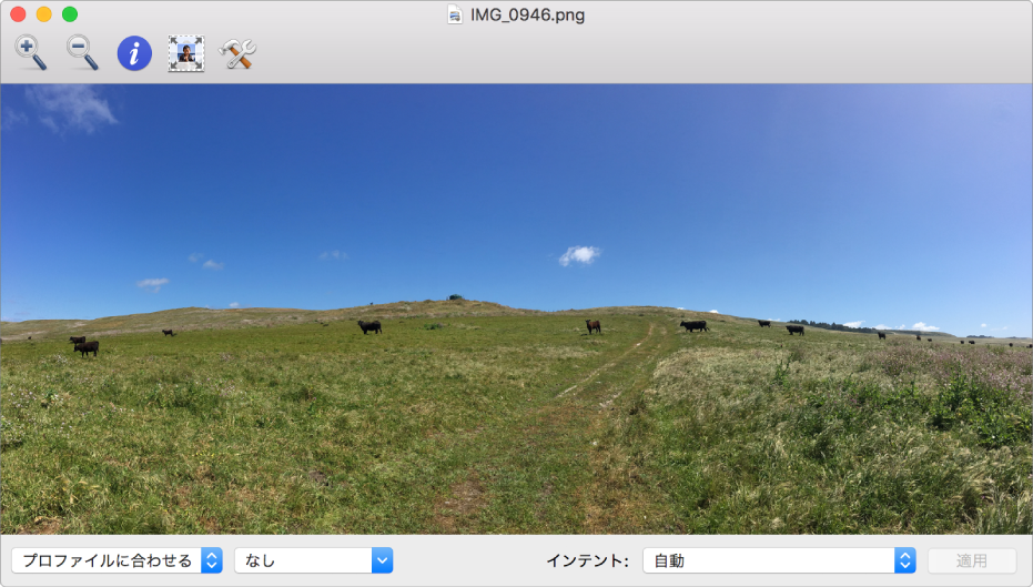 「ColorSync ユーティリティ」ウインドウ。野原にいる牛のイメージです。
