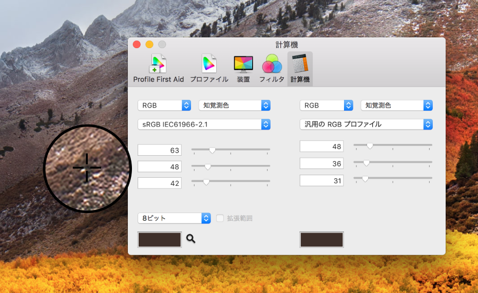 「計算機」パネル。1 つのピクセルの色値が 2 つの異なるカラープロファイルで表示されています。