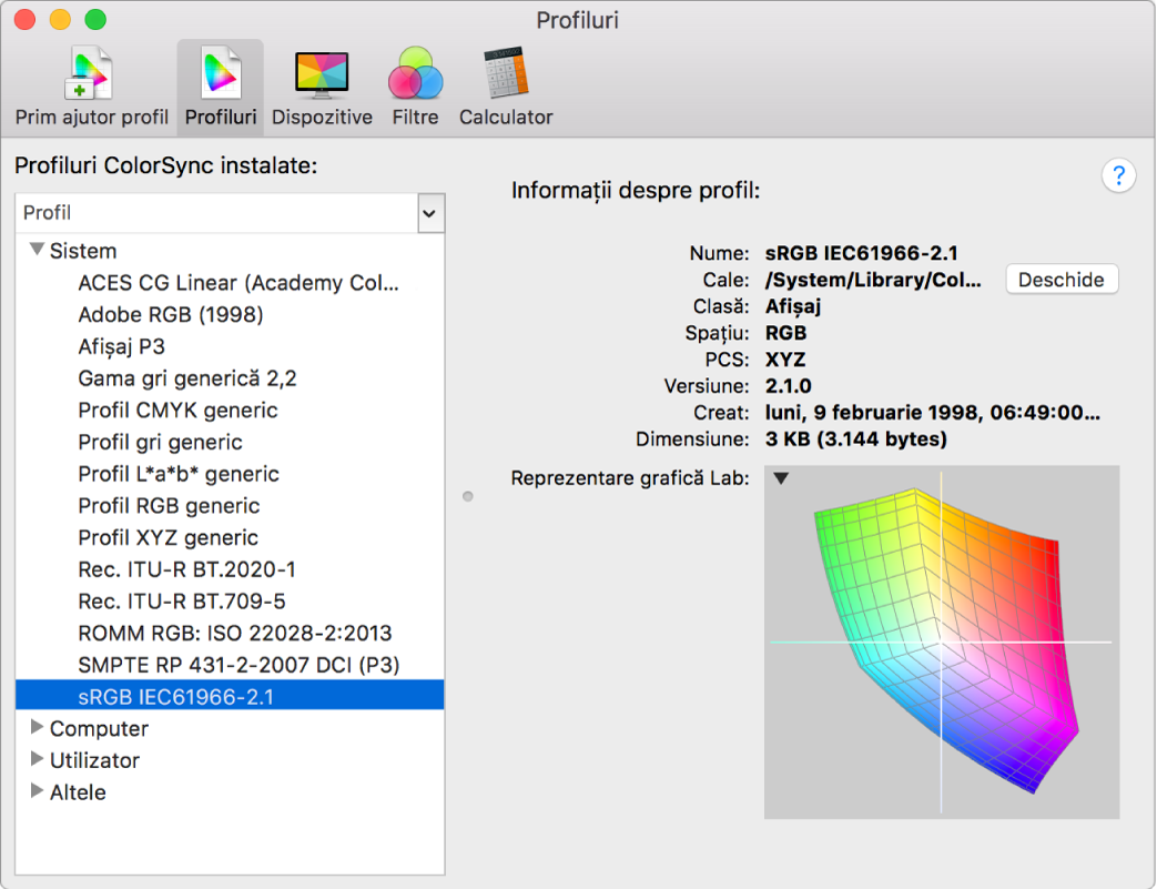 Panoul Profiluri Utilitar ColorSync.