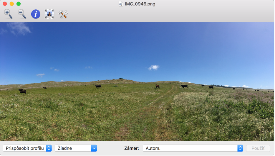Obrázok kráv na poli v okne ColorSync utility.