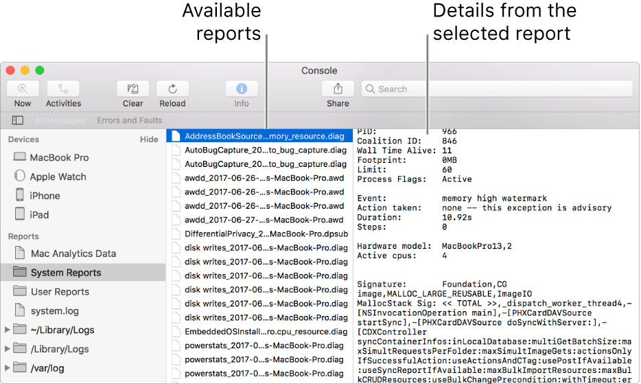 The Console window showing report sources in the sidebar, reports in the column to the right of the sidebar, and report details on the far right.