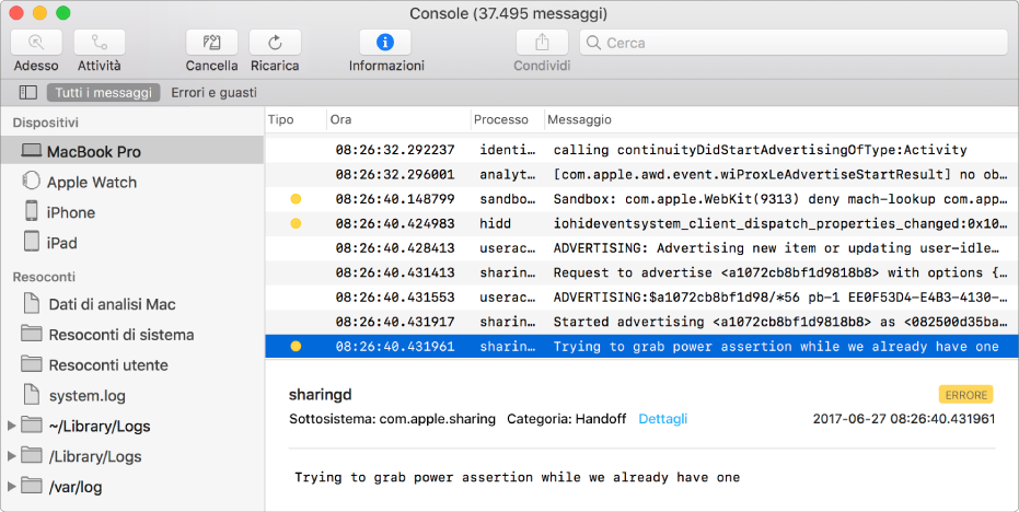 La finestra di Console con un messaggio log selezionato e i dettagli corrispondenti nel pannello in basso.