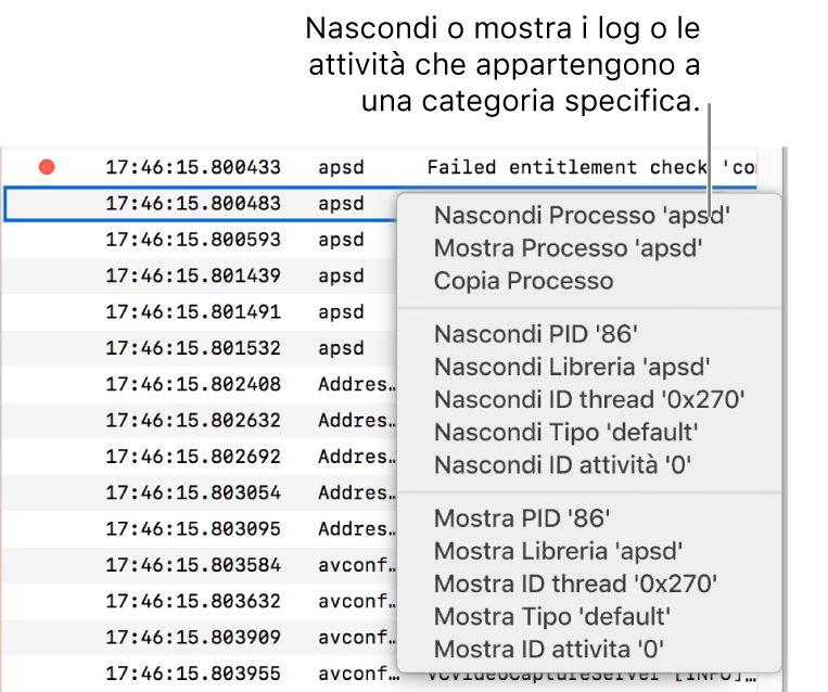 Una finestra di Console parziale che mostra il menu di scelta rapida, per nascondere o visualizzare i log o le attività che corrispondono a determinati criteri.