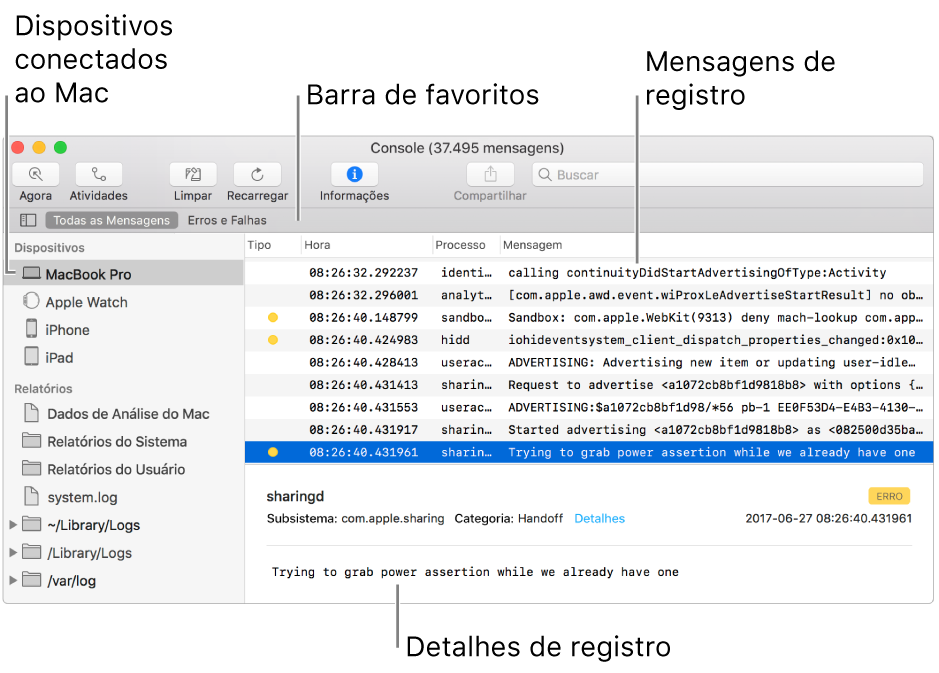 A janela do Console mostrando os dispositivos conectados ao Mac à esquerda, mensagens de registro à direita e detalhes de registro na parte inferior. Existe também uma barra de Favoritos que mostra suas buscas salvas.