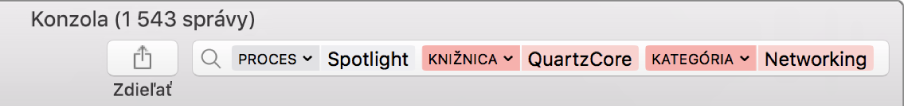 Vyhľadávacie pole v okne Konzoly s vyhľadávacími kritériami nastavenými na nájdenie správ z procesu Spotlight, no nie z knižnice QuartzCore alebo kategórie Sieťová aktivita.